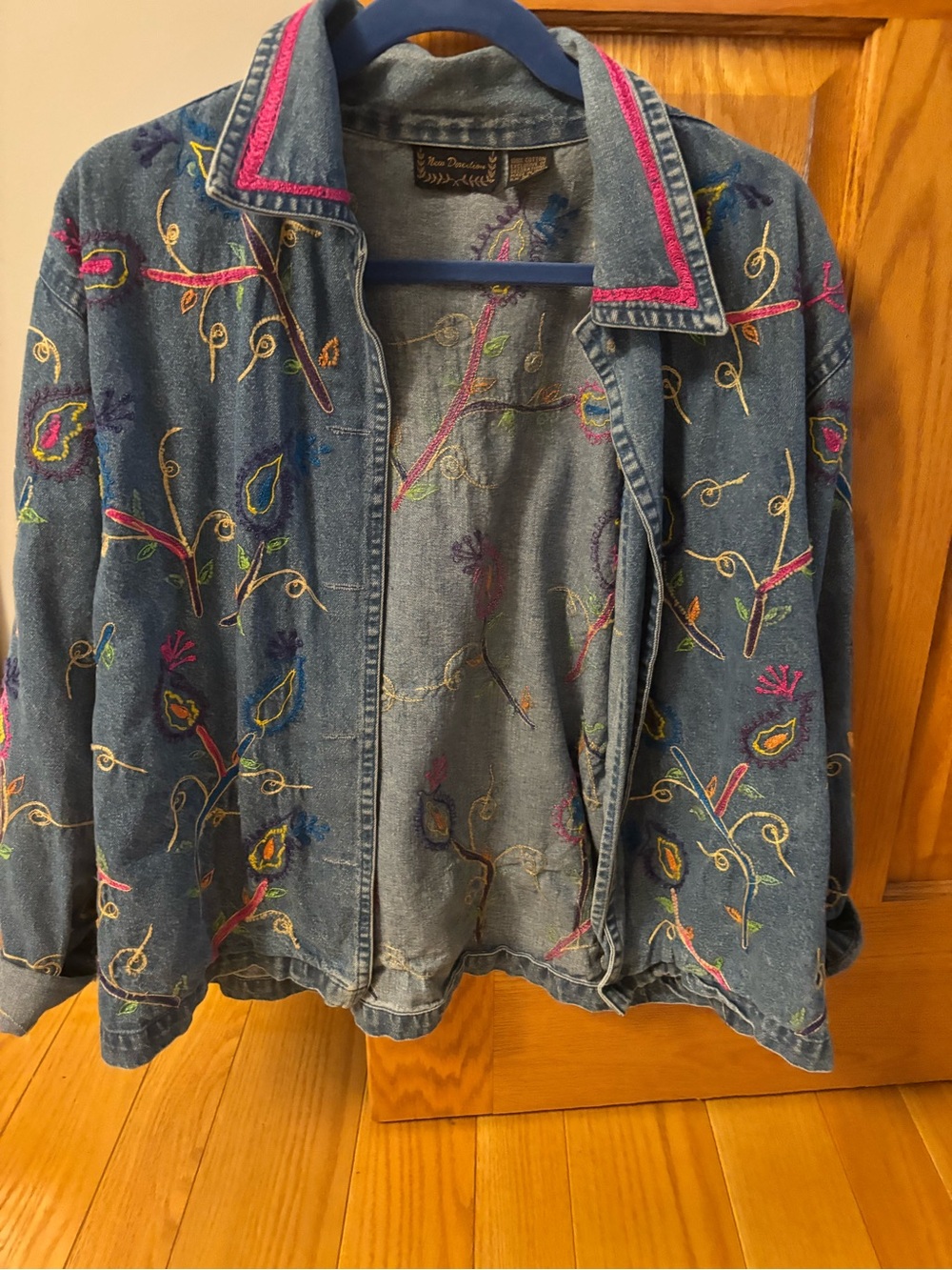 new directions Embroidered Blue Denim Jacket with Pink Trim
